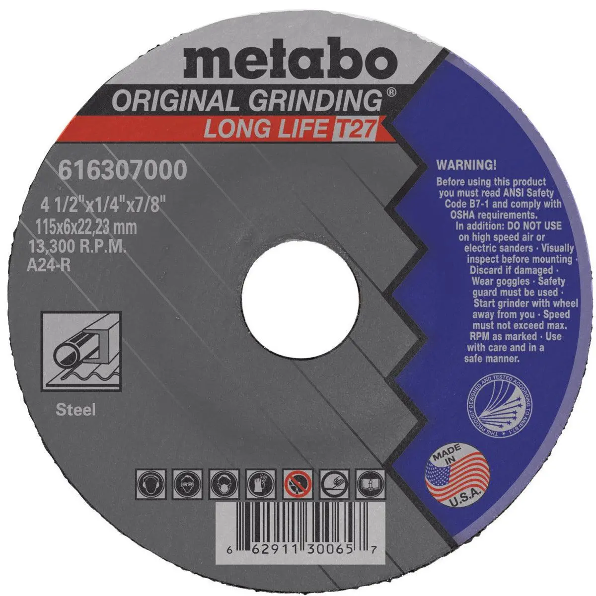 Metabo Type 27 Original Grinding Wheel, 4.5" X .25" X 7/8", 25/Pk - 616307000 1