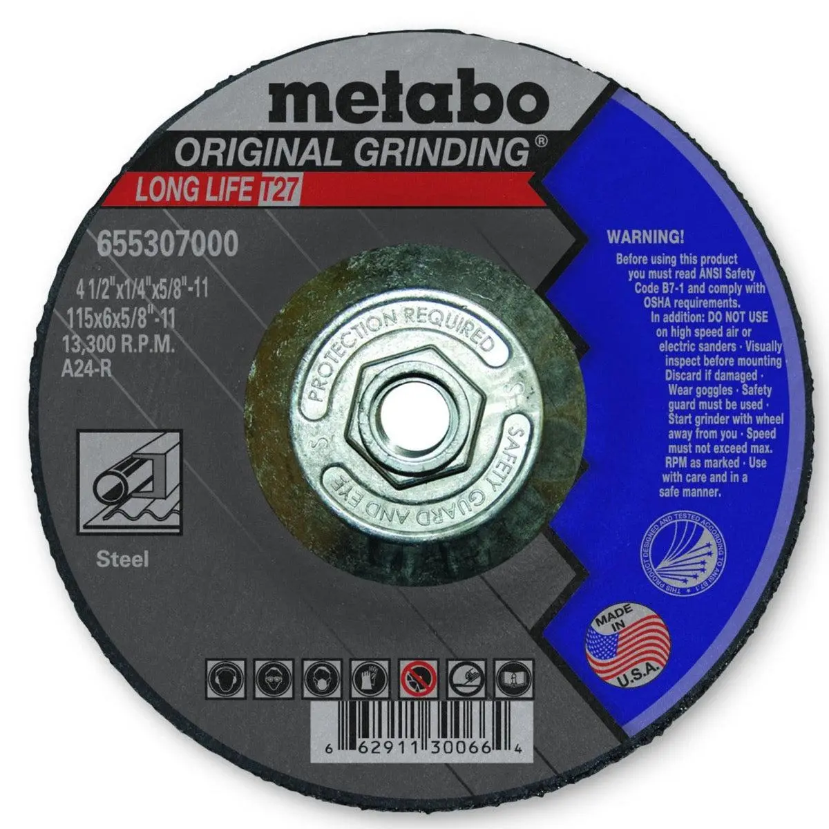 Metabo Grinding Wheel, 4 1/2" X 1/4" X 5/8", 10/Pk - 655307000 1
