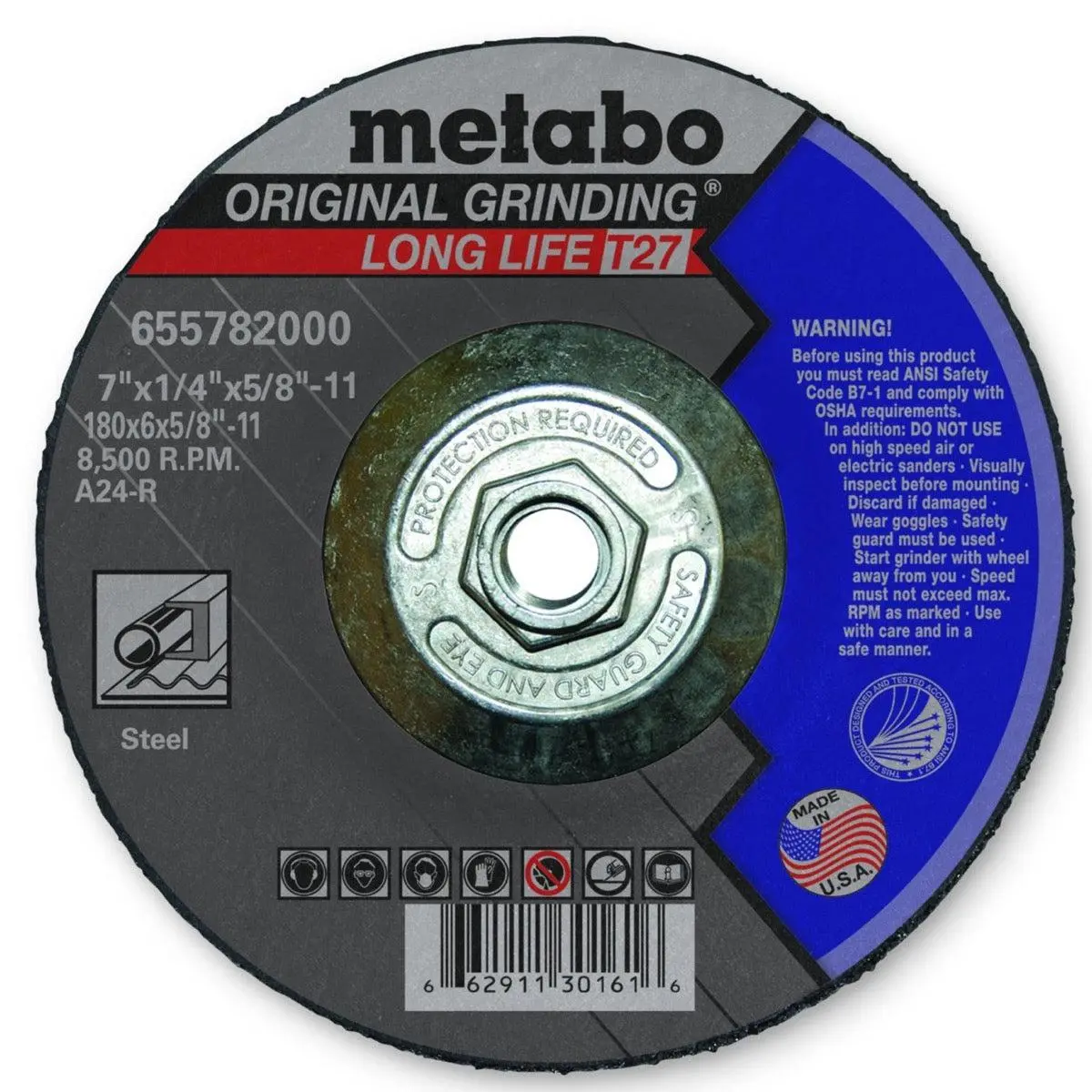 Metabo Grinding Wheel, 7" X 1/4" X 5/8", 10/Pk - 655782000 1