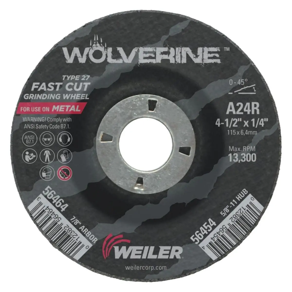 Weiler Wolverine Grinding Wheel, 4.5" X 1/4" X 7/8", Type 27 -Box Of 10 - 56464 1
