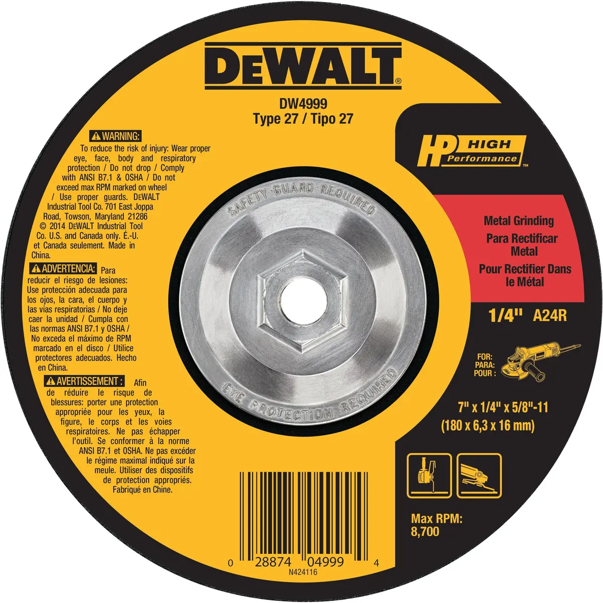 Dewalt Hp Metal Type 27 Grinding Wheels, 7" X 1/4" X 5/8-11", 10/Pk - Dw4999 1