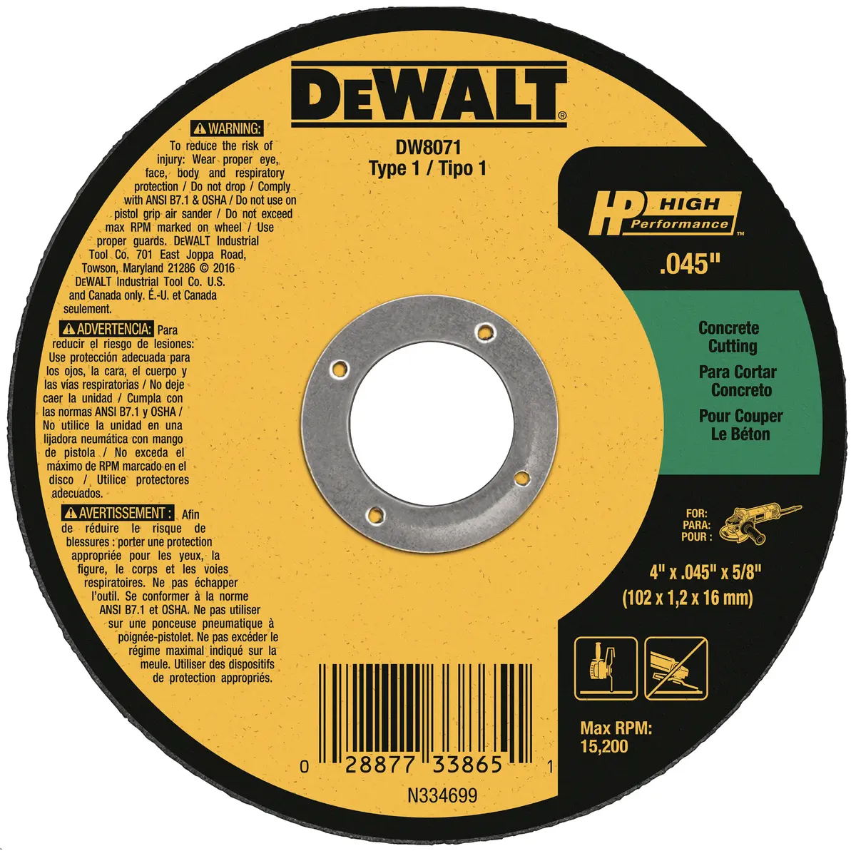 Dewalt Concrete Cut-Off Wheel Type 1 4-1/2"X.045"X7/8" 25/Box - Dw8072 1