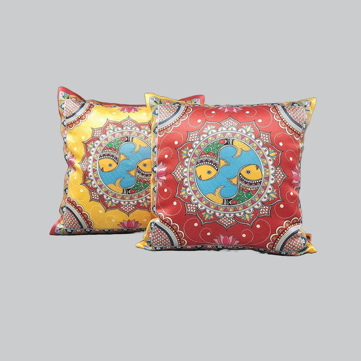 Madhubani Satin Cushion Covers - 16 In X 16 In - Set Of 2 1